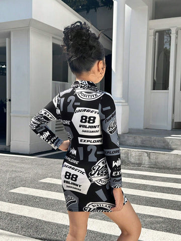 Young Girl Letter Print Stand Collar Fitted Knit Dress