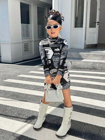 Young Girl Letter Print Stand Collar Fitted Knit Dress