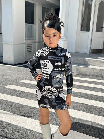 Young Girl Letter Print Stand Collar Fitted Knit Dress