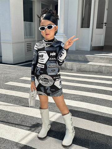 Young Girl Letter Print Stand Collar Fitted Knit Dress