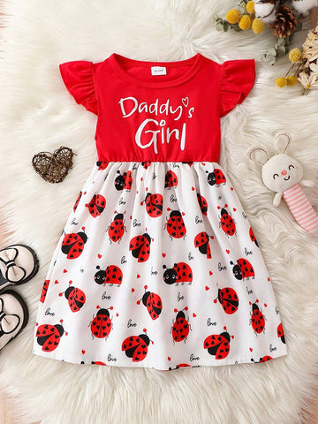 Young Girl Letter Print Summer Lotus Sleeve Baby Girl Flare Dress With Sweet Donut Detail, Casual A-Line Dress For Girls Aged 1-5 Years