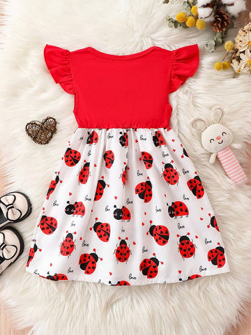 Young Girl Letter Print Summer Lotus Sleeve Baby Girl Flare Dress With Sweet Donut Detail, Casual A-Line Dress For Girls Aged 1-5 Years