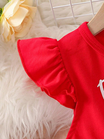 Young Girl Letter Print Summer Lotus Sleeve Baby Girl Flare Dress With Sweet Donut Detail, Casual A-Line Dress For Girls Aged 1-5 Years