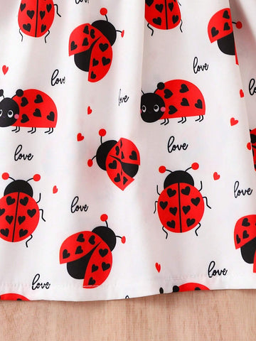 Young Girl Letter Print Summer Lotus Sleeve Baby Girl Flare Dress With Sweet Donut Detail, Casual A-Line Dress For Girls Aged 1-5 Years
