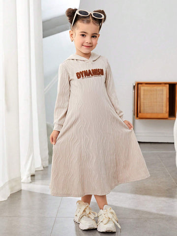 Young Girl Letter Printed Hooded Long Sleeve Dress, Casual Everyday Wear, Great For Casual & Daily Wear & School Daily