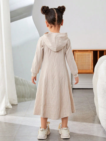 Young Girl Letter Printed Hooded Long Sleeve Dress, Casual Everyday Wear, Great For Casual & Daily Wear & School Daily
