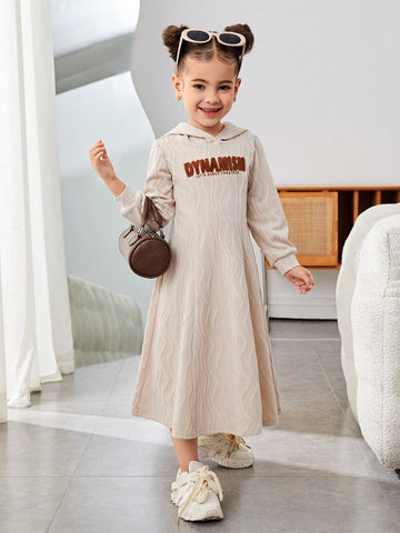 Young Girl Letter Printed Hooded Long Sleeve Dress, Casual Everyday Wear, Great For Casual & Daily Wear & School Daily