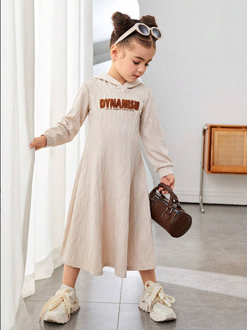 Young Girl Letter Printed Hooded Long Sleeve Dress, Casual Everyday Wear, Great For Casual & Daily Wear & School Daily
