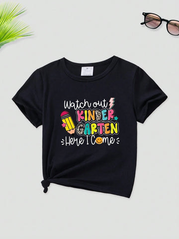 Young Girl Letter Printed Short Sleeve T-Shirt, Summer Casual