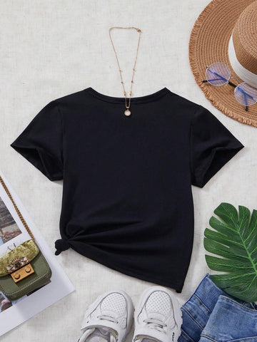Young Girl Letter Printed Short Sleeve T-Shirt, Summer Casual