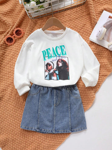 Young Girl Letter & Figure Graphic Pullover & Denim Skirt