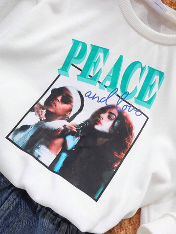 Young Girl Letter & Figure Graphic Pullover & Denim Skirt