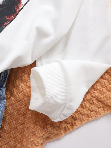 Young Girl Letter & Figure Graphic Pullover & Denim Skirt