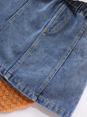 Young Girl Letter & Figure Graphic Pullover & Denim Skirt