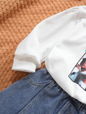Young Girl Letter & Figure Graphic Pullover & Denim Skirt