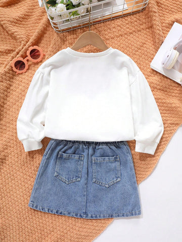Young Girl Letter & Figure Graphic Pullover & Denim Skirt