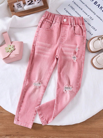 Young Girl Light Pink Ripped Jeans, Casual Denim Pants