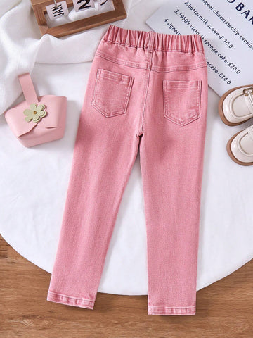 Young Girl Light Pink Ripped Jeans, Casual Denim Pants