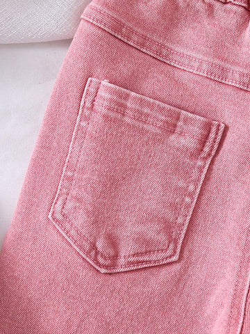 Young Girl Light Pink Ripped Jeans, Casual Denim Pants