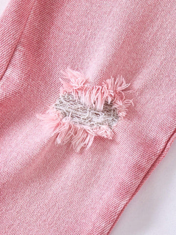 Young Girl Light Pink Ripped Jeans, Casual Denim Pants