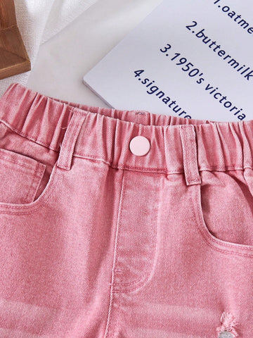 Young Girl Light Pink Ripped Jeans, Casual Denim Pants
