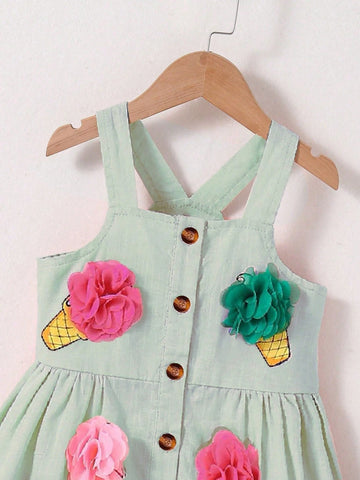 Young Girl' Lively Ice Cream Print Woven Camisole Dress With 3D Floral Decor