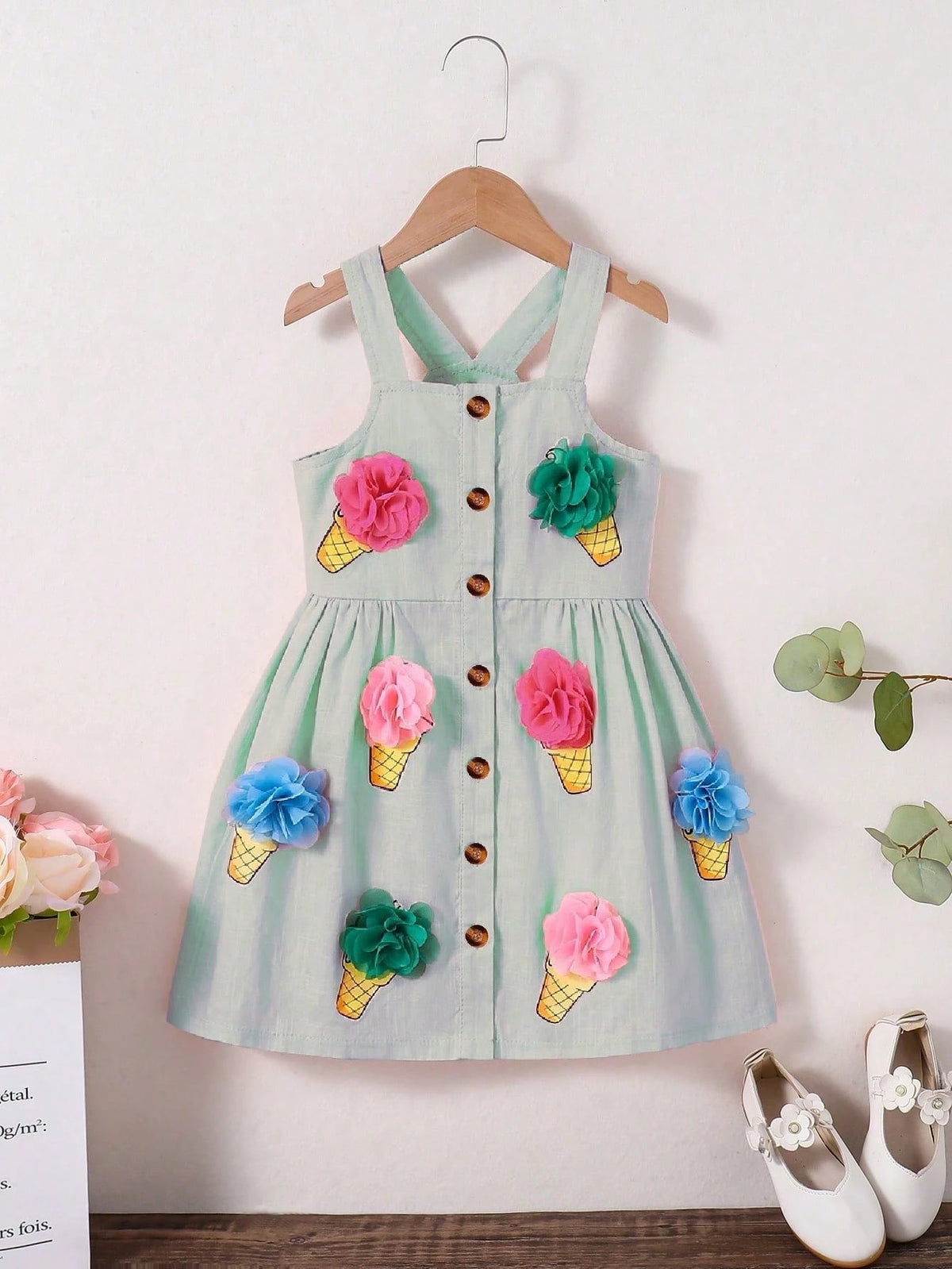 Young Girl' Lively Ice Cream Print Woven Camisole Dress With 3D Floral Decor