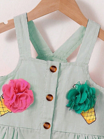 Young Girl' Lively Ice Cream Print Woven Camisole Dress With 3D Floral Decor