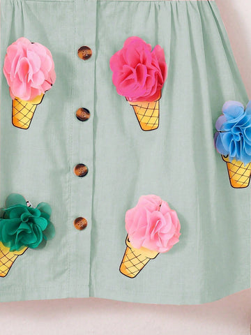 Young Girl' Lively Ice Cream Print Woven Camisole Dress With 3D Floral Decor