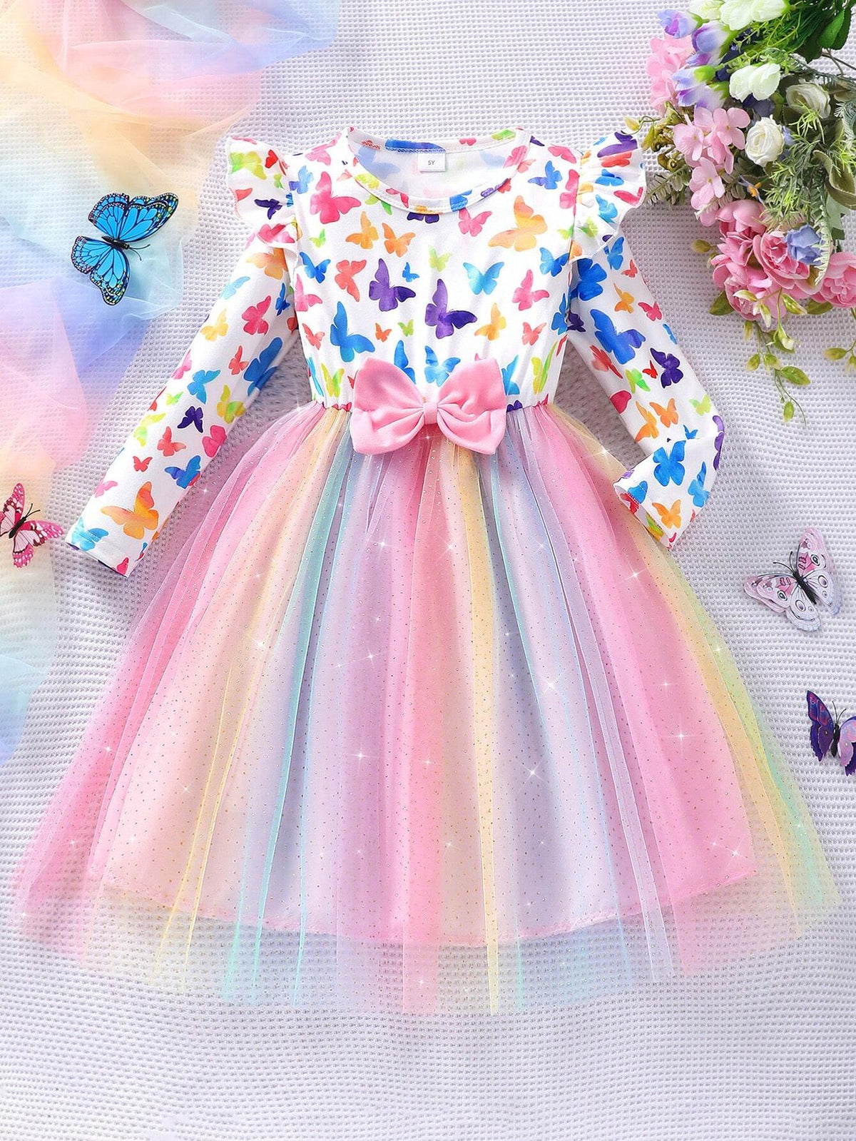Young Girl' Long Sleeve Butterfly Print Bow Mesh Cute Dress