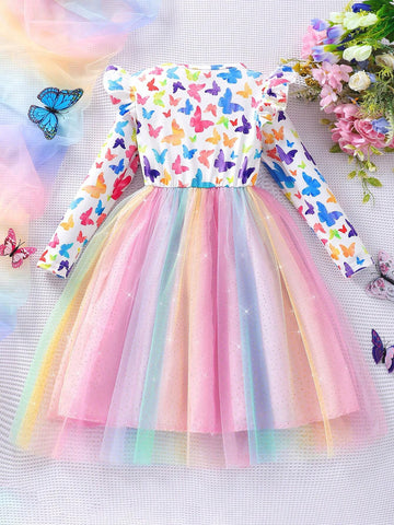 Young Girl' Long Sleeve Butterfly Print Bow Mesh Cute Dress