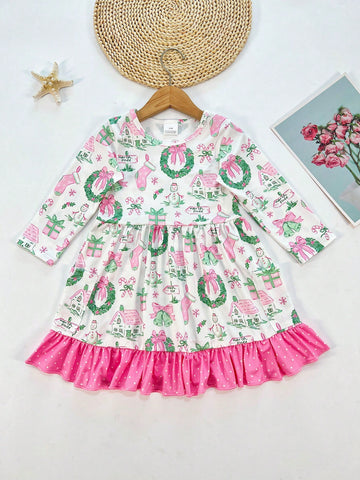 Young Girl Long Sleeve Casual Dress With Pocket, Lace Trim Digital Cartoon Print For Thanksgiving & Christmas
