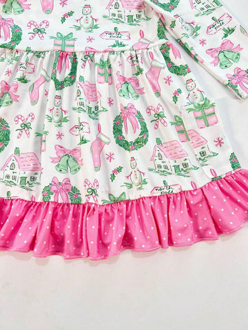 Young Girl Long Sleeve Casual Dress With Pocket, Lace Trim Digital Cartoon Print For Thanksgiving & Christmas