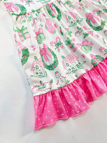 Young Girl Long Sleeve Casual Dress With Pocket, Lace Trim Digital Cartoon Print For Thanksgiving & Christmas