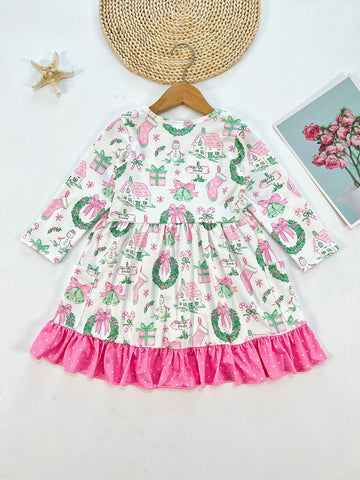 Young Girl Long Sleeve Casual Dress With Pocket, Lace Trim Digital Cartoon Print For Thanksgiving & Christmas