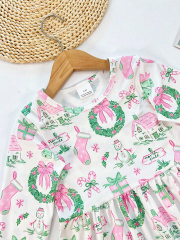 Young Girl Long Sleeve Casual Dress With Pocket, Lace Trim Digital Cartoon Print For Thanksgiving & Christmas
