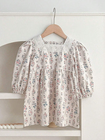 Young Girl Long Sleeve Floral Print Bubble Lantern Sleeve Skater Dress