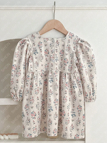Young Girl Long Sleeve Floral Print Bubble Lantern Sleeve Skater Dress