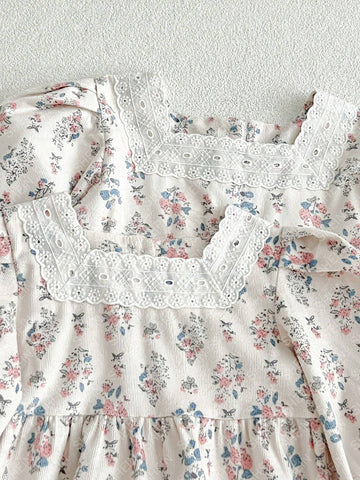 Young Girl Long Sleeve Floral Print Bubble Lantern Sleeve Skater Dress