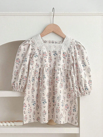 Young Girl Long Sleeve Floral Print Bubble Lantern Sleeve Skater Dress