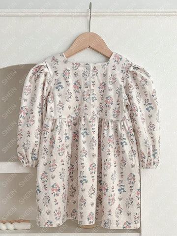 Young Girl Long Sleeve Floral Print Bubble Lantern Sleeve Skater Dress