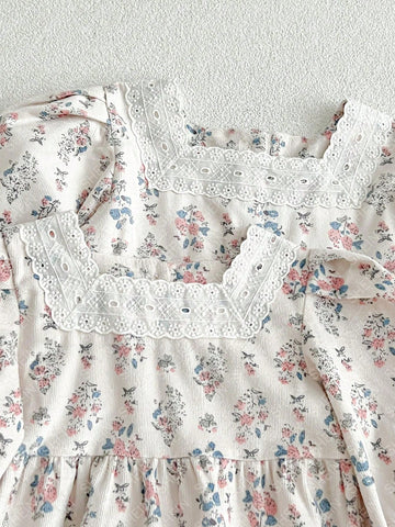 Young Girl Long Sleeve Floral Print Bubble Lantern Sleeve Skater Dress