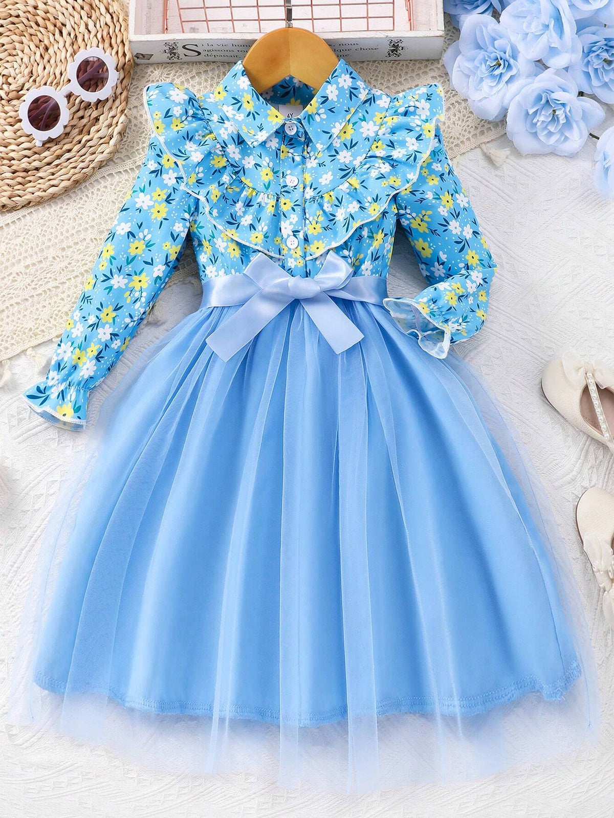 Young Girl Long Sleeve Floral Print Mesh Dress With Woven Belt