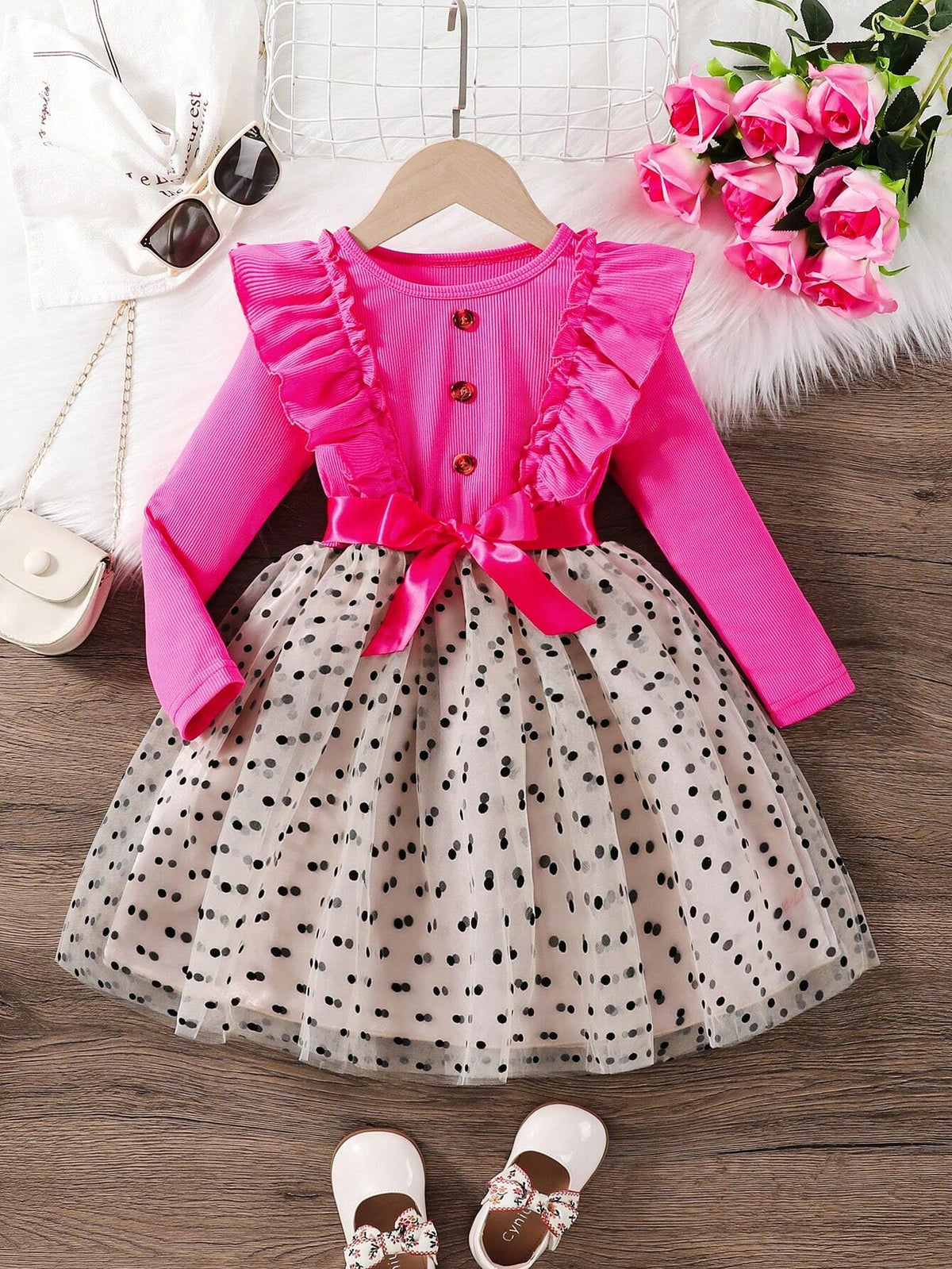 Young Girl Long Sleeve Knit Dress, Cleverly Combining Fuchsia Ribbed Knit And Khaki Flocked Polka Dot Mesh, Creating A Fashionable Spark