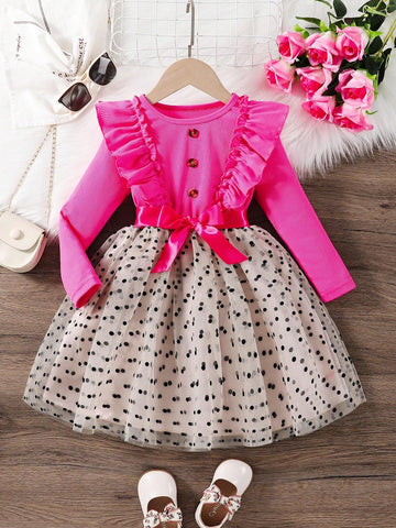 Young Girl Long Sleeve Knit Dress, Cleverly Combining Fuchsia Ribbed Knit And Khaki Flocked Polka Dot Mesh, Creating A Fashionable Spark