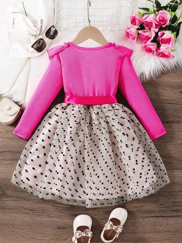 Young Girl Long Sleeve Knit Dress, Cleverly Combining Fuchsia Ribbed Knit And Khaki Flocked Polka Dot Mesh, Creating A Fashionable Spark