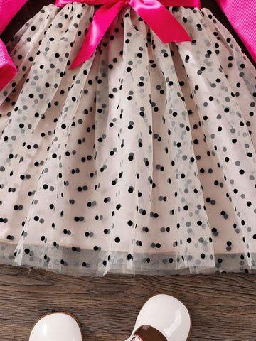 Young Girl Long Sleeve Knit Dress, Cleverly Combining Fuchsia Ribbed Knit And Khaki Flocked Polka Dot Mesh, Creating A Fashionable Spark
