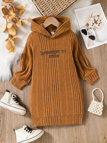 Young Girl' Long Sleeve Letter Printed Hooded Casual Sporty Knit Jersey Dress, Comfortable Mustard Color, Suitable For Daily Wear