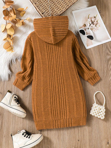 Young Girl' Long Sleeve Letter Printed Hooded Casual Sporty Knit Jersey Dress, Comfortable Mustard Color, Suitable For Daily Wear