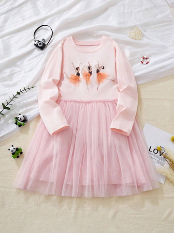 Young Girl Long Sleeve Mesh Overlay Dress With Ballet Dancer Print, Fashionable & Cute Princess Style For Autumn